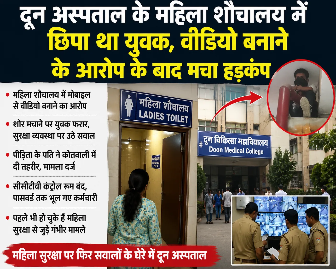 दून अस्पताल के महिला शौचालय में युवक मिलने से हड़कंप, वीडियो बनाने के आरोप की जांच शुरू