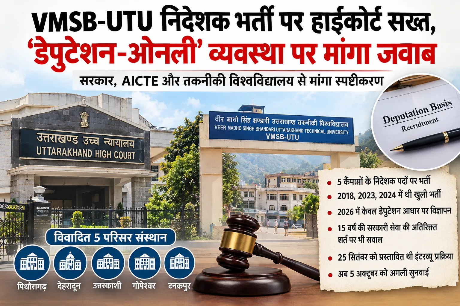 VMSB-UTU निदेशक भर्ती पर हाईकोर्ट सख्त, ‘डेपुटेशन-ओनली’ व्यवस्था पर मांगा जवाब